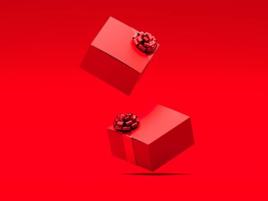 Kırmızı kurdele kırmızı zemin üzerine kırmızı gerçekçi karton kutu. 3D render.