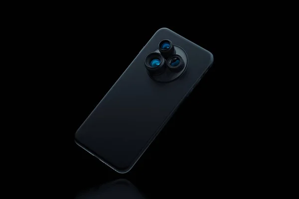 Schwarzes modernes Mobiltelefon mit drei Kameras auf schwarzem Hintergrund. 3D-Darstellung. — Stockfoto
