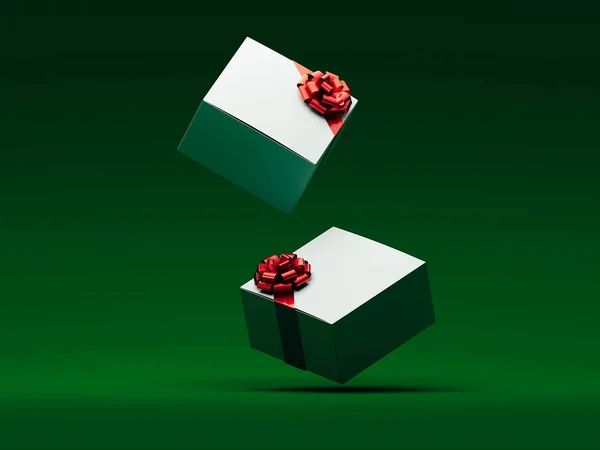 White cardboard boxes with red ribbons on green background. 3d rendering. — Stock Photo, Image