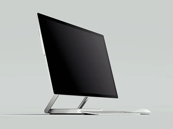 Black realistic pc with big blank monitor on light background. 3d rendering. — Stock Photo, Image