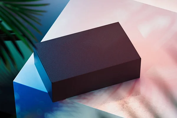 Caja de cartón realista negra sobre fondo multicolor. renderizado 3d . — Foto de Stock