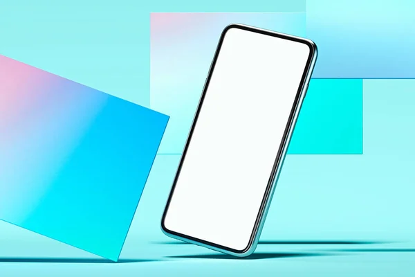 Teléfono móvil con pantalla en blanco sobre fondo multicolor. renderizado 3d . — Foto de Stock