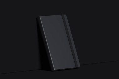 İzole koyu arka plan üzerinde siyah gerçekçi Not defteri. 3D render.