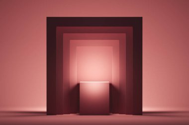 Pembe kare kaide üzerinde boş alanı ile vitrin. 3D render.