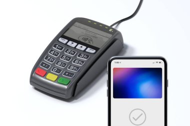 POS ödeme terminal ve cep telefonu. NFC ödeme kavramı. 3D render.