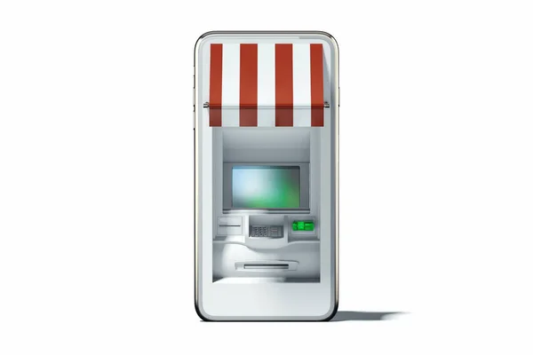 Realistické Atm stroj v mobilním telefonu na bílém pozadí. 3D vykreslování. — Stock fotografie