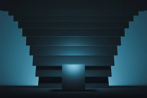 Moderne showcase met voetstuk op blauwe trap achtergrond. 3D-rendering. — Stockfoto
