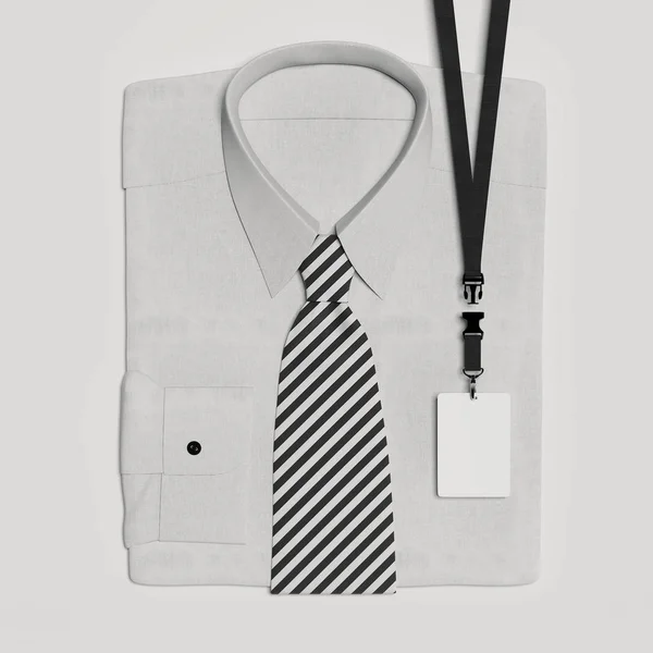 Klassiek formeel overhemd en strikje met lege lanyard en badge. 3D-rendering. — Stockfoto