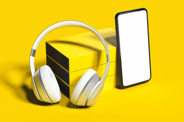 Auriculares y teléfono móvil con pantalla en blanco y cajas de cartón. renderizado 3d . —  Fotos de Stock