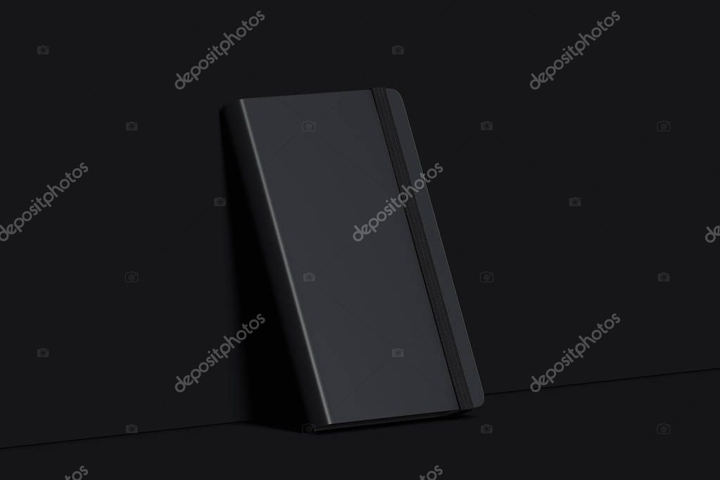 Black realistic notepad with black elastic ribbon isolated on dark background. 3d rendering.
