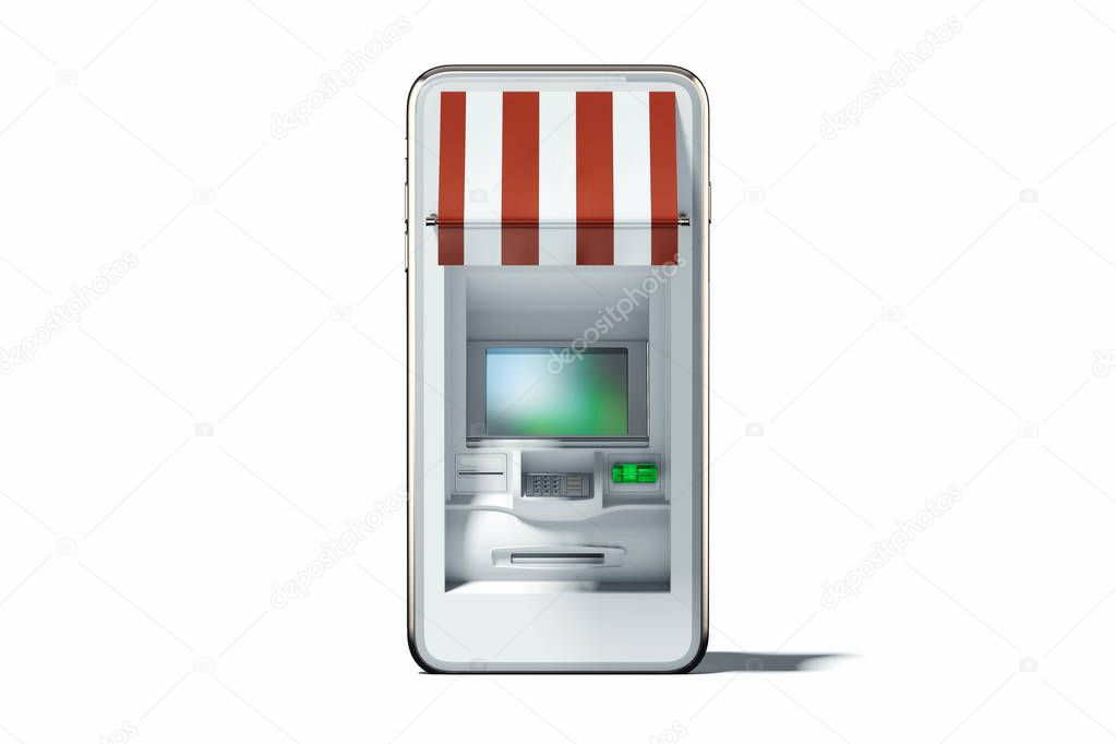 Realistic ATM machine in mobile phone on white background. 3d rendering.
