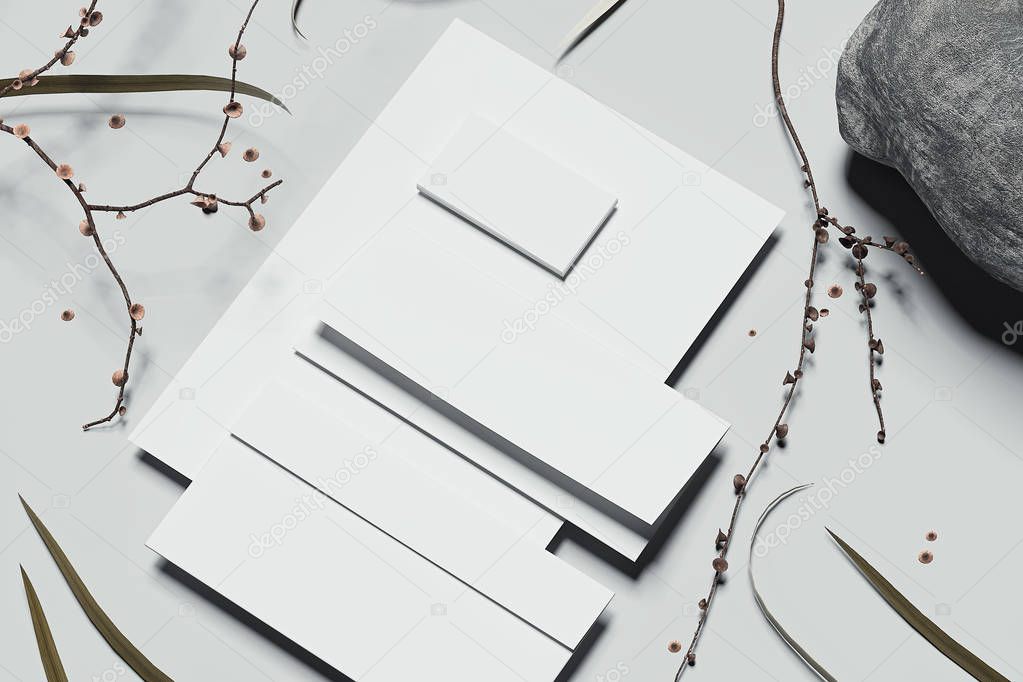 White blank business stationery mock-up, template for branding identity with stone and tree branches on gray background. 3D rendering.