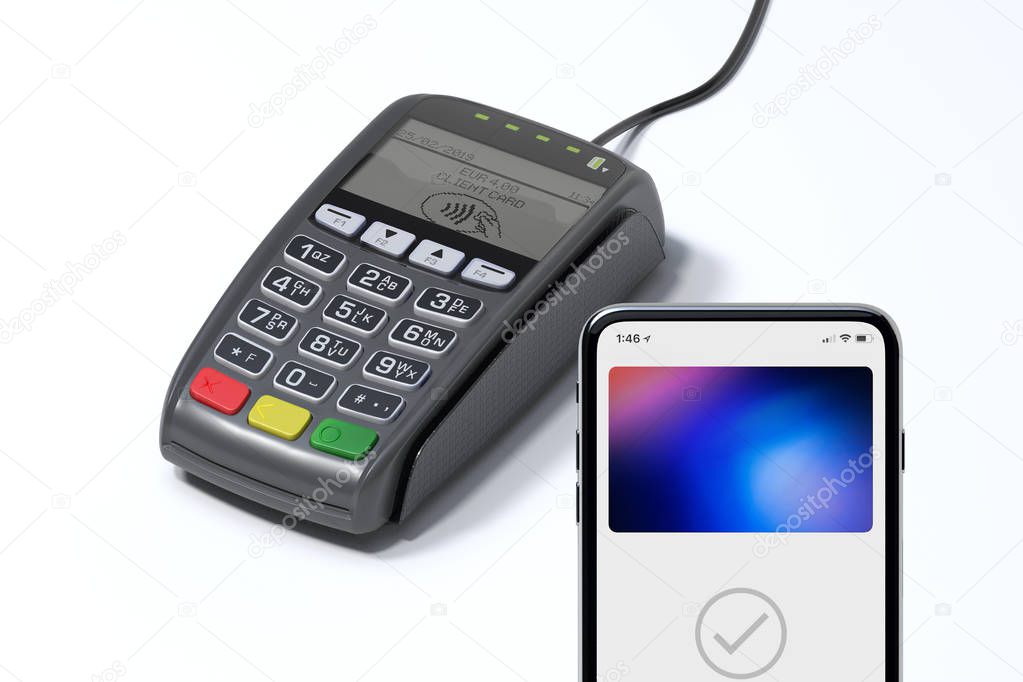 POS payment terminal and mobile phone. NFC payments concept. 3d rendering.