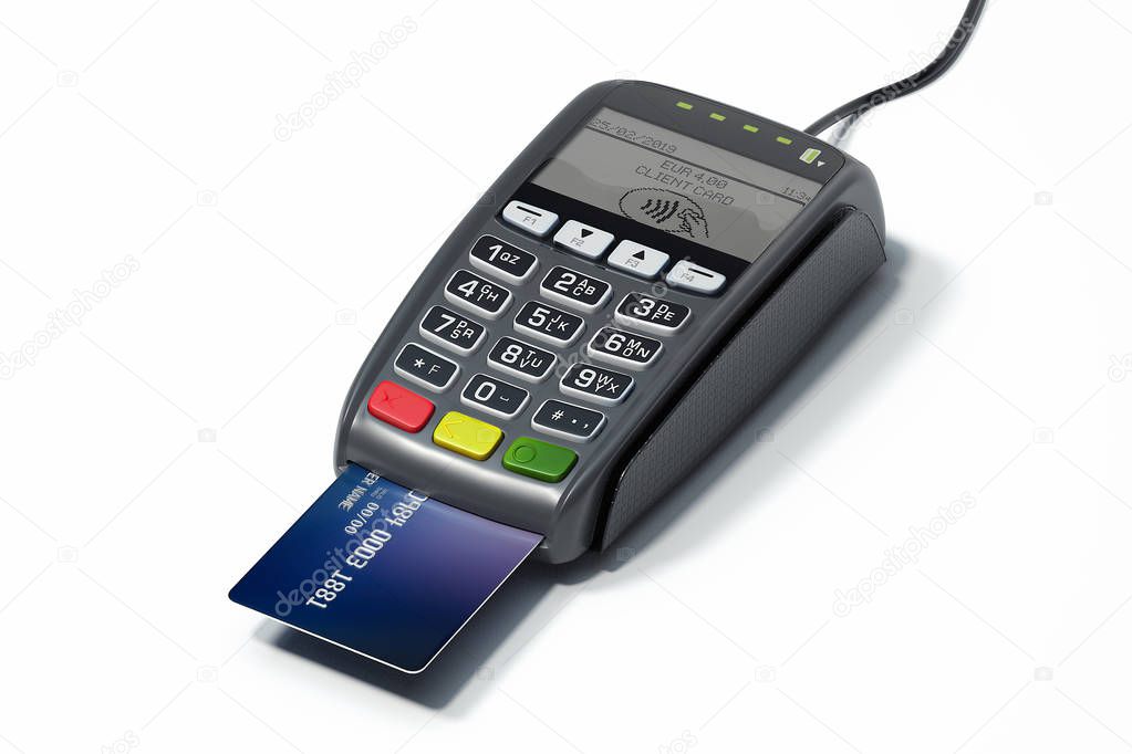 POS payment terminal and credit card. NFC payments concept. 3d rendering.