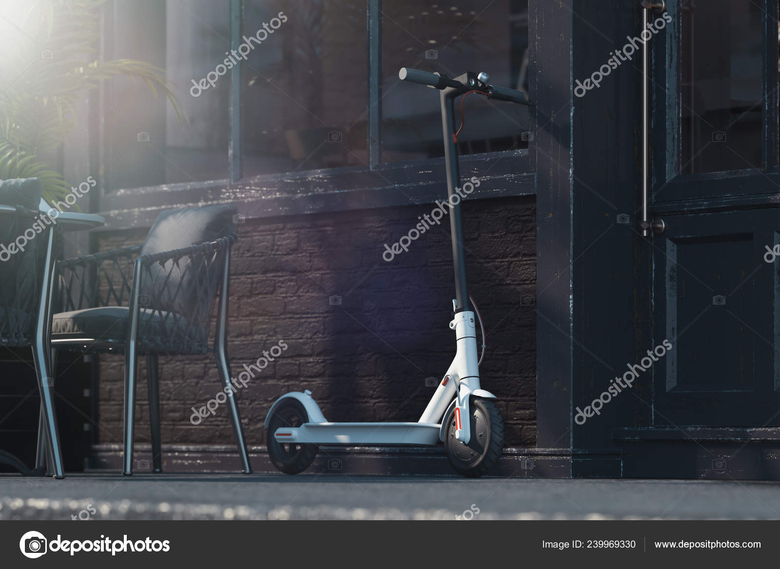 Electric scooter on cityscape background. eco transport concept. 3d