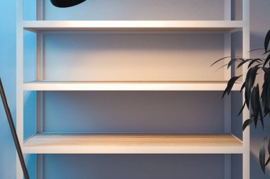 Ön plan, 3d işleme tesisinde ile beyaz ahşap ve metal raf.