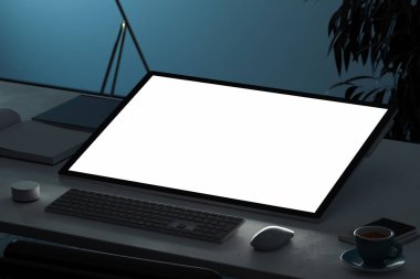 Boş beyaz ekran, fare ve klavye üstünde okul sırası ile tablet. 3D render.