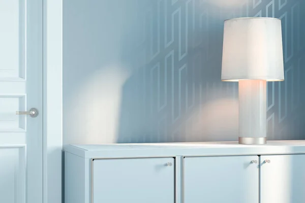 Lampada bianca accesa su armadio in legno bianco, rendering 3d . — Foto Stock