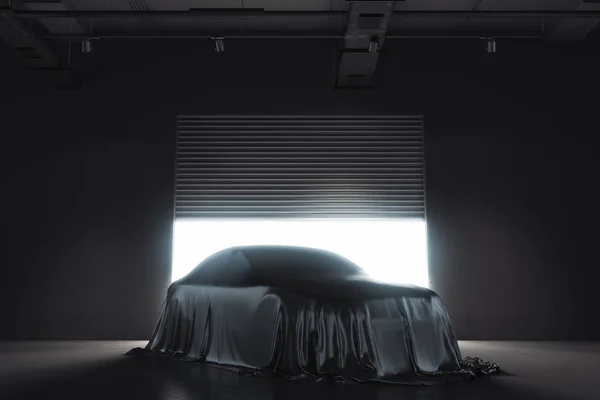 Presentation av bilen täckt med svart tyg. 3D-rendering — Stockfoto