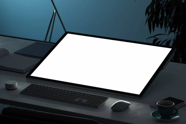 Tablet with blank white screen, mouse and keyboard on desk. 3d rendering. — Stock Photo, Image