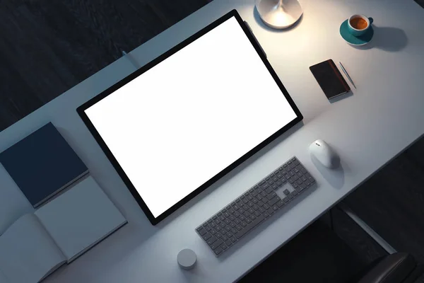 Tablet mit weißem Bildschirm, Maus und Tastatur auf dem Schreibtisch. 3D-Darstellung. — Stockfoto