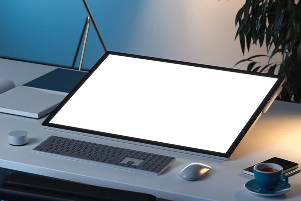 Tablet dengan layar putih kosong, tetikus dan papan ketik di atas meja. Rendering 3d . — Stok Foto