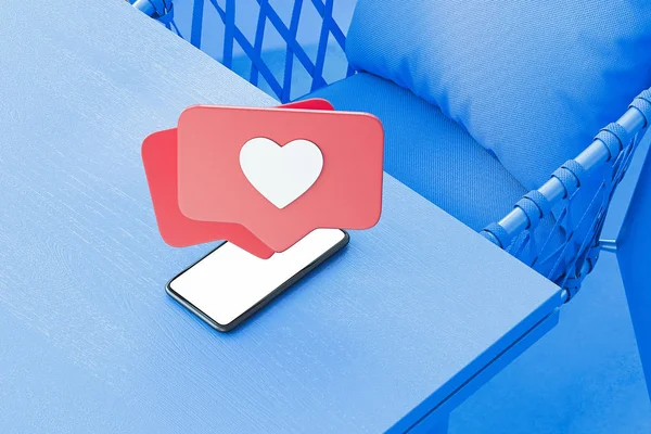 Red heart Like symbols on mobile phone screen. 3d rendering. Social media. — Stock Photo, Image