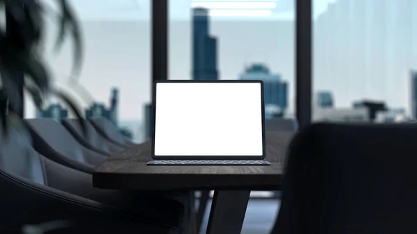 Tablet met leeg wit scherm en toetsenbord op tafel. werkruimte. 3D-rendering. — Stockfoto