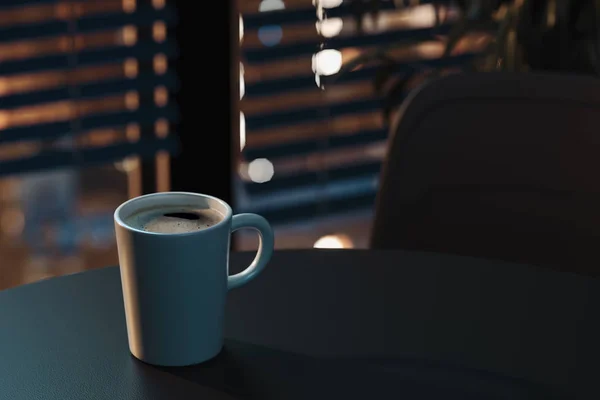 Kaffee- oder Teetasse auf Holztisch im modernen Büro zur Nachtzeit. 3D-Darstellung. — Stockfoto