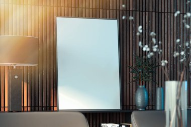 Lamba raf ve vazo, 3d render arkasında yanındaki boş beyaz poster.