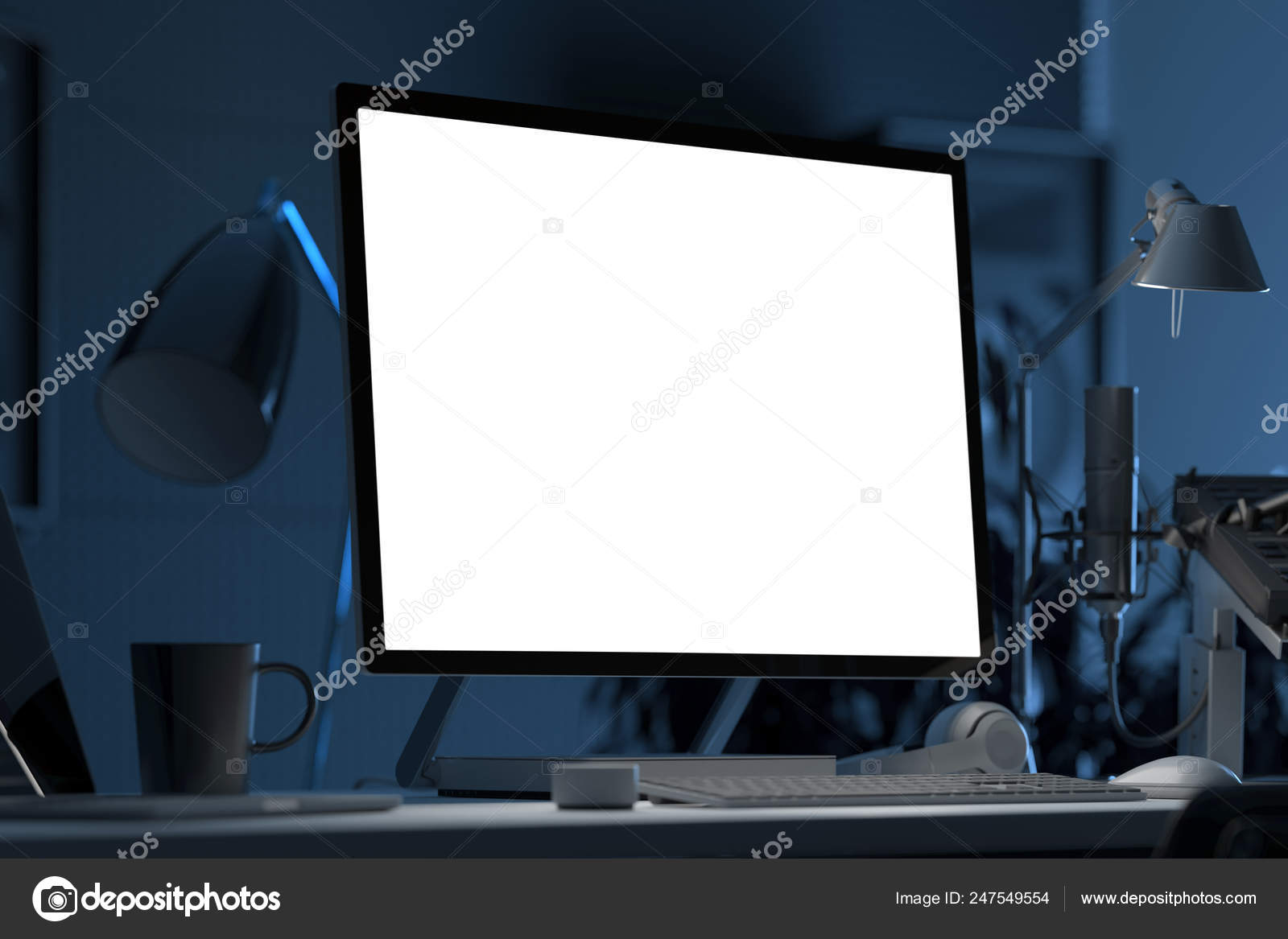 Black Realistic Pc With Big Blank Monitor On Desk In Dark Room 3d