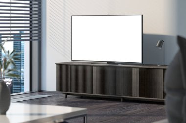 Işık duvarları, 3d render yanında kahverengi dolap boş beyaz Tv ayarlama.