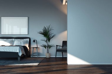Modern şık yatak odası rahat yatak, 3d render yukarıda boş beyaz poster.