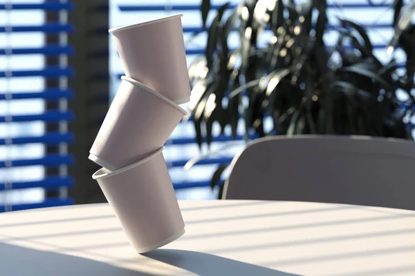Kawa na wynos kubki na siebie na stole w kawiarni. renderowania 3D. — Zdjęcie stockowe