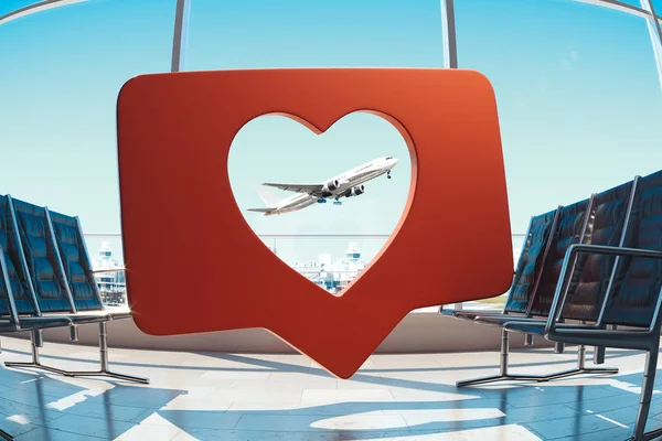 Transparentes rotes Herz als Symbol mit Flugzeug auf dem Hintergrund. 3D-Darstellung. — Stockfoto