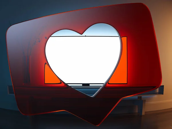 Transparentes rotes Herz als Symbol mit Fernseher auf dem Hintergrund. 3D-Darstellung. — Stockfoto