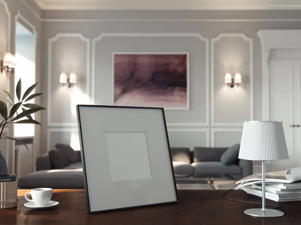 Blank photo frame on wooden table in stylish living room. 3d rendering. — Stock Photo, Image