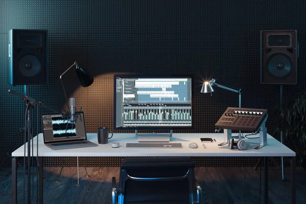 Estúdio Computer Music Station. console de mistura de áudio profissional. Renderização 3d . — Fotografia de Stock