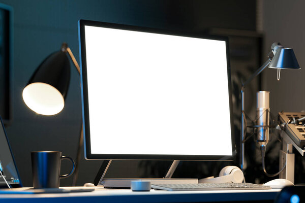 Black realistic pc with big blank monitor on desk under light. 3d rendering.