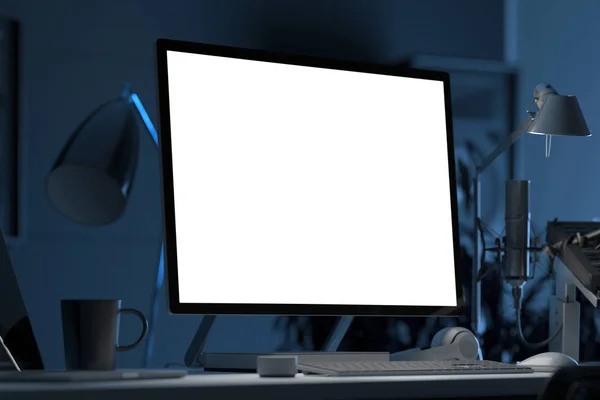 Zwarte realistische pc met grote lege monitor op Bureau in de donkere kamer. 3D-rendering. — Stockfoto