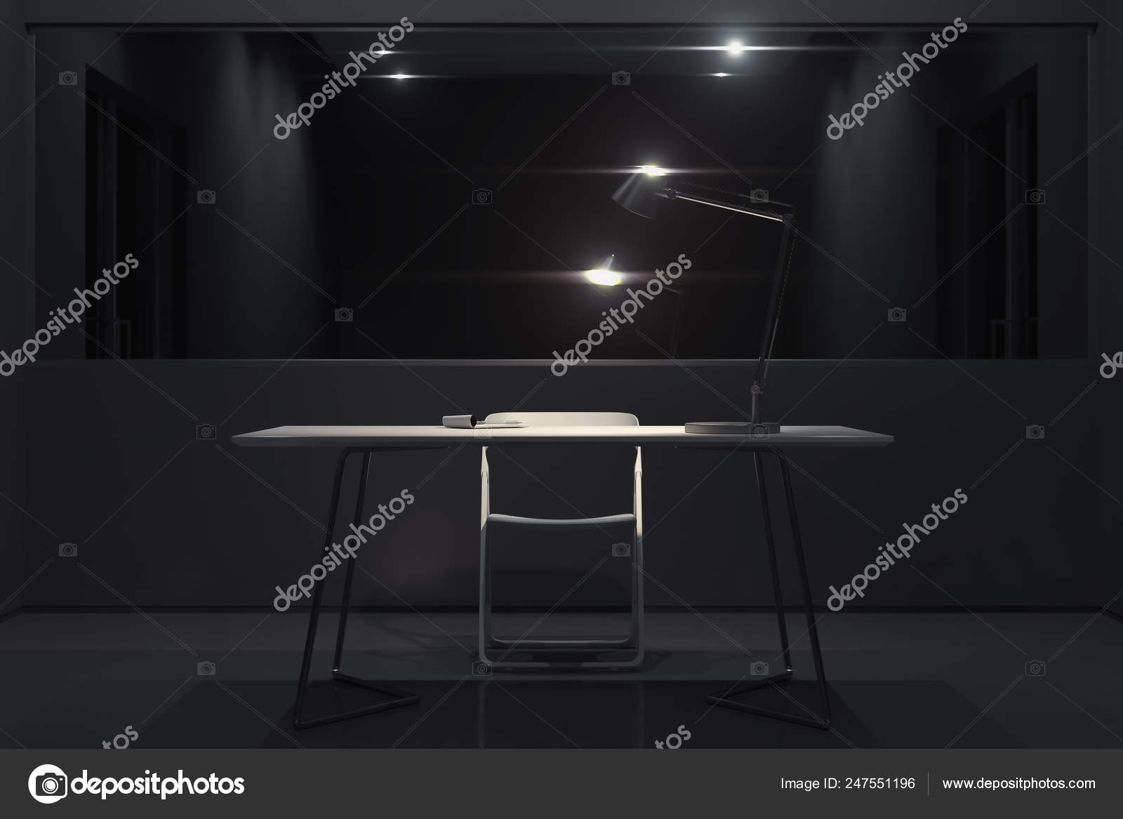 Dark Interrogation Room With Switched On Lamp And Big Mirror