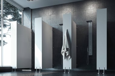 Karanlık duvarlar, duş kabinleri ve büyük pencere ile banyo iç. 3D render.