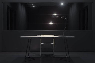 Switched-on lamba ve büyük ayna, 3d render ile karanlık sorgu odası.
