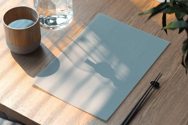 Blankt vitt papper ark på träbord i asiatisk mat café... 3D-rendering. — Stockfoto