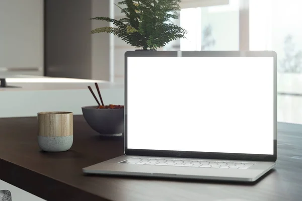 Laptop dengan layar kosong di kafe. Makanan asia di latar belakang. Rendering 3d . — Stok Foto