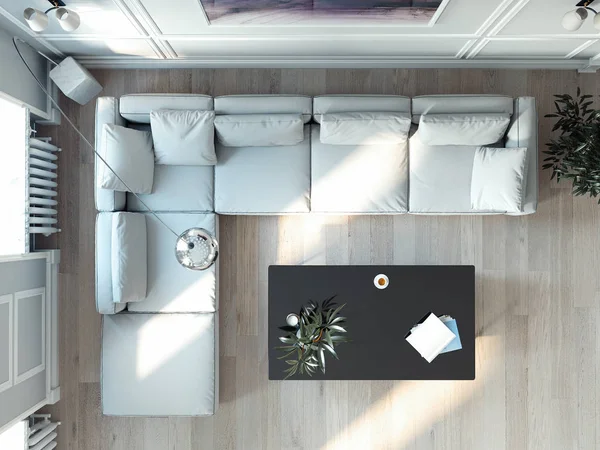 Helles Wohnzimmer mit großem Fenster und weißer Couch. 3D-Darstellung. — Stockfoto