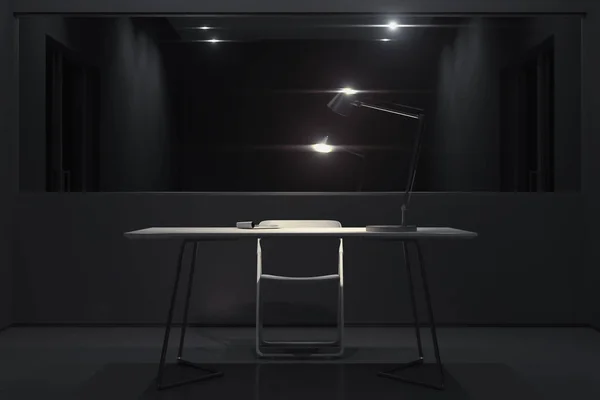 Темная комната для допросов с включенной лампой и большим зеркалом, 3D рендеринг . — стоковое фото