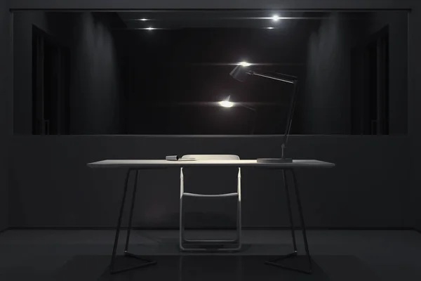 Salle d'interrogatoire sombre avec lampe allumée et grand miroir, rendu 3d . — Photo