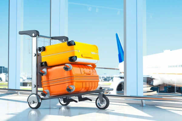 Two modern coloured blank suitcases with airport on background, 3d rendering. — Stock Photo, Image