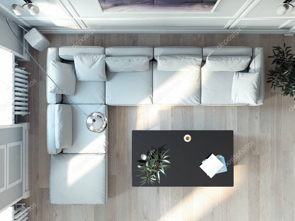 Bright living room interior with big window and white couch. 3d rendering.